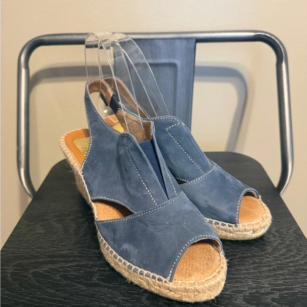 Kanna Spain Blue Leather Espadrille Wedge Sandals EU 37 US 6.5 Peep Toe